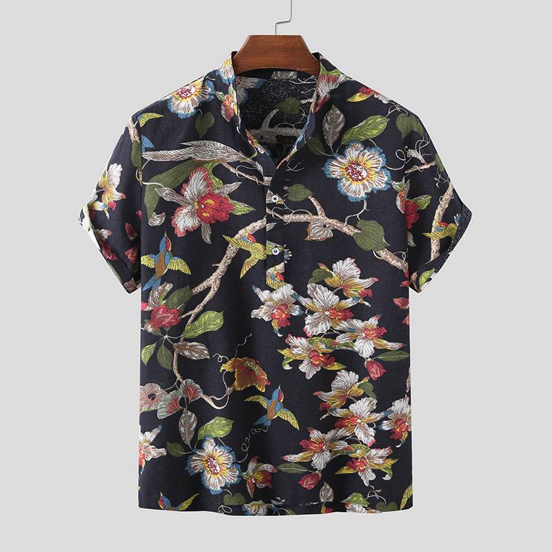 Menn sommer trykte skjorter kortermet camisa uformelt floral stativ krage blusas mann hawaiisk skjorter streetwear incerun 7: Marinen / M