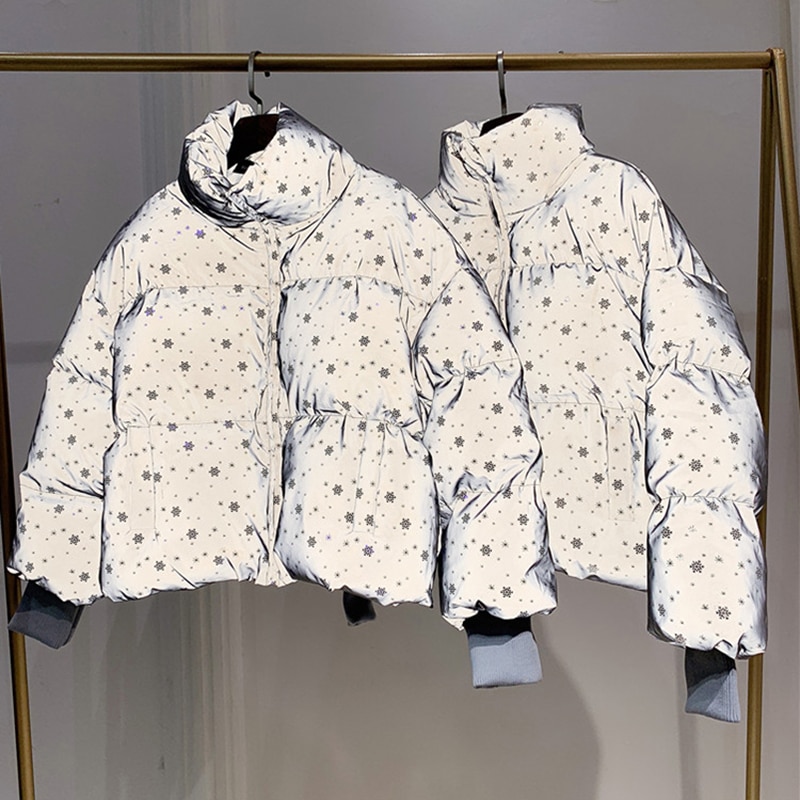 Vinter dam streetwear dunparkas oversize reflexjacka kort varm dam kappa snowflake paljett parkas vadderad jacka i bomull