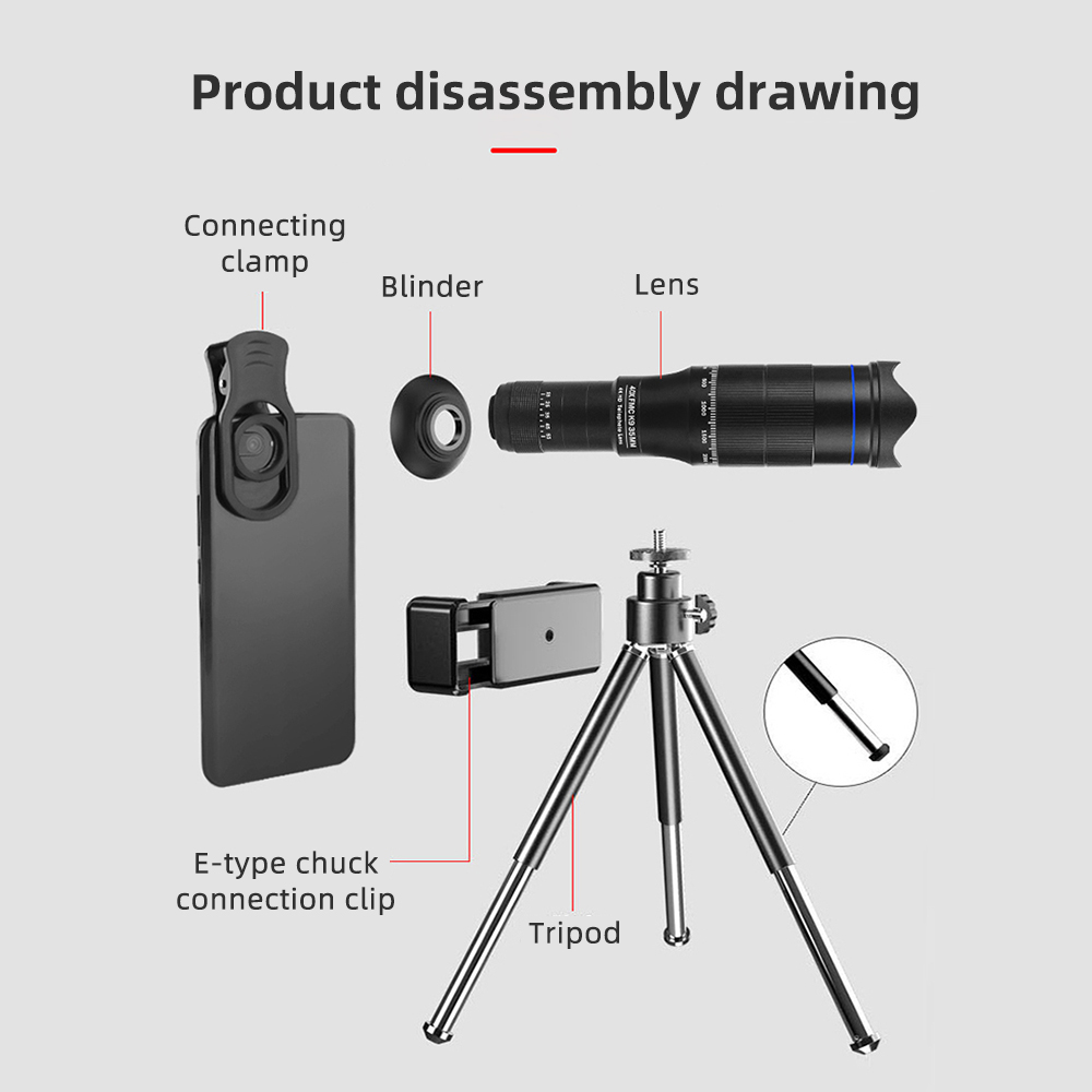 40X Mobile Phone Telephoto Lens Kit Lens Clip+Extendable Mini Tripod Remote Shutter for Wildlife Observation Watching Moon