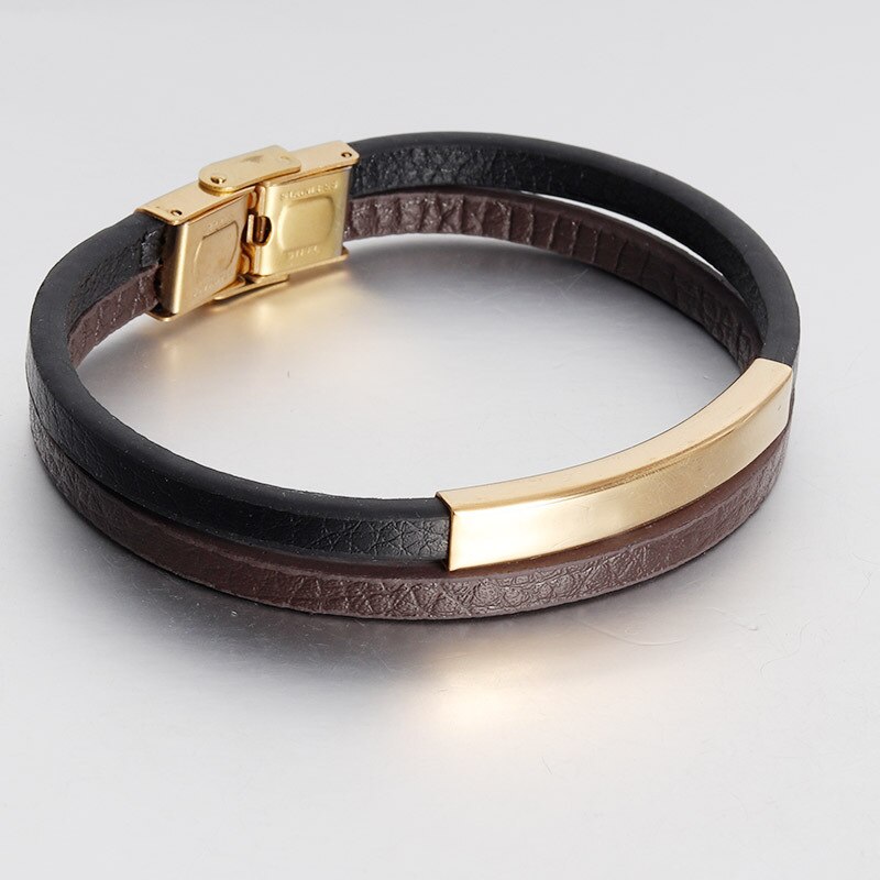 Naiqube Lederen Mannen Armband Dubbele Vintage Lederen Armband Mannen Rvs Magnetische Sluiting Bangle Sieraden: Gold