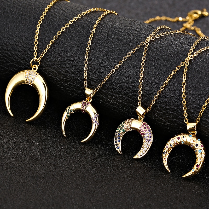 Vintage rustfrit stål kæde kobberbelagt guldfarvet zirkon horn halvmåne vedhæng halskæde til kvinder charm smykker