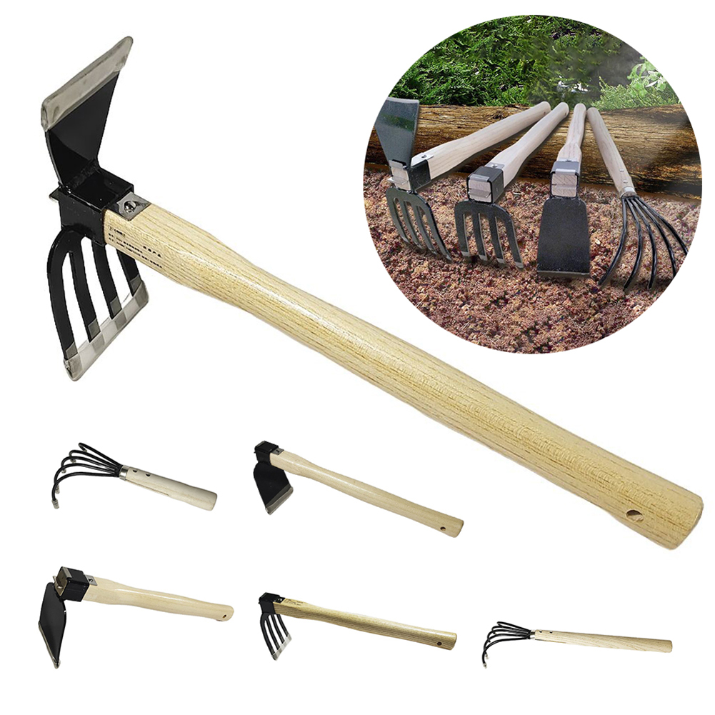 Garden Rake Cultivator with Wooden Handle Dual-purpose Hoe Mini Hoe and Cultivator for Digging Weeding Gardening and Cultivating