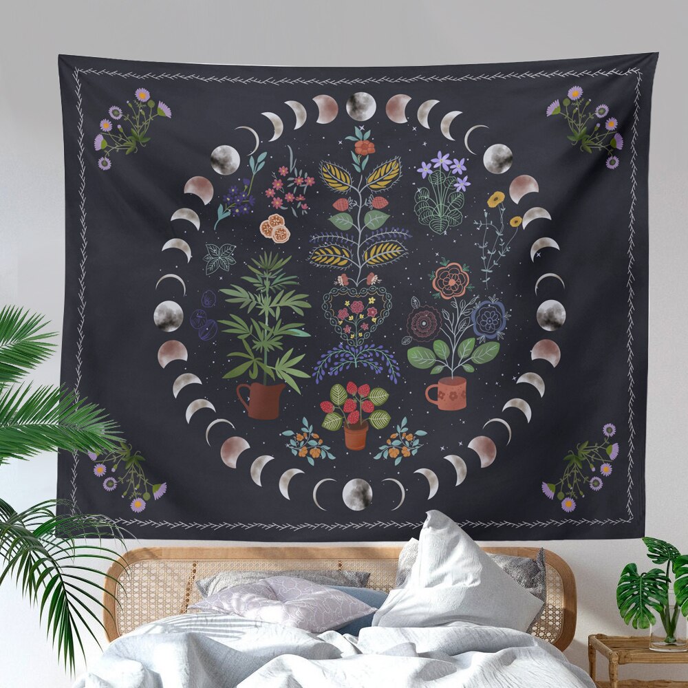 Moonlit Tuin Tapestry Maan Fase Tapestry Bloemen Wandtapijten Zwarte Achtergrond Bloemen Tapijt Muur Opknoping Voor Kamer Home Decor