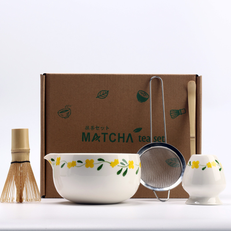 Vintage Matcha Ceramic Set Chawan Bamboo Matcha Whisk Scoop Holder Bamboo Brush Teaspoon and Sieve Matcha Teaset Giftbox: DEEP BLUE