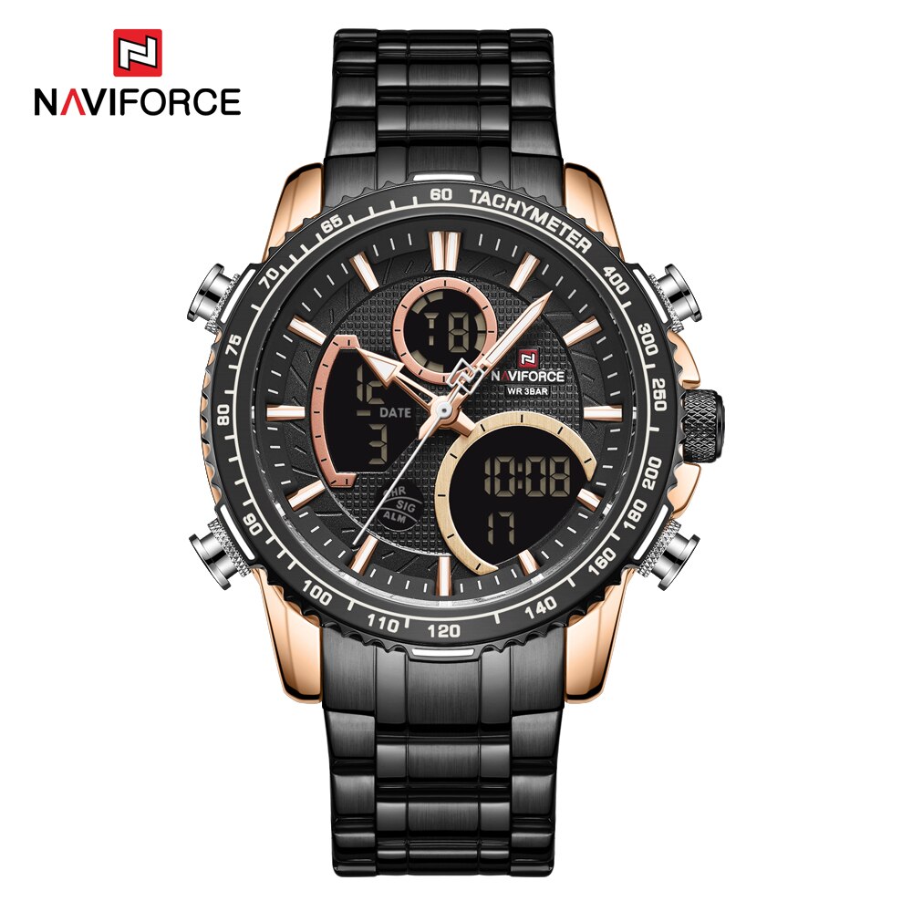 Naviforce Mannen Horloge Waterdichte Grote Wijzerplaat Sport Horloges Mannen Analoge Digitale Waterdichte Quartz Horloge Datum Mannelijke Klok: Black Gold
