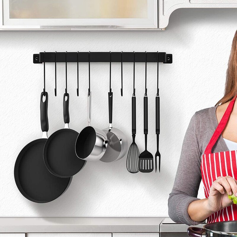 Pot de cuisine et Pan cintre Rail barre support mural 17 pouces avec 10 crochets, ustensile et ustensiles de cuisine cintres, industriel