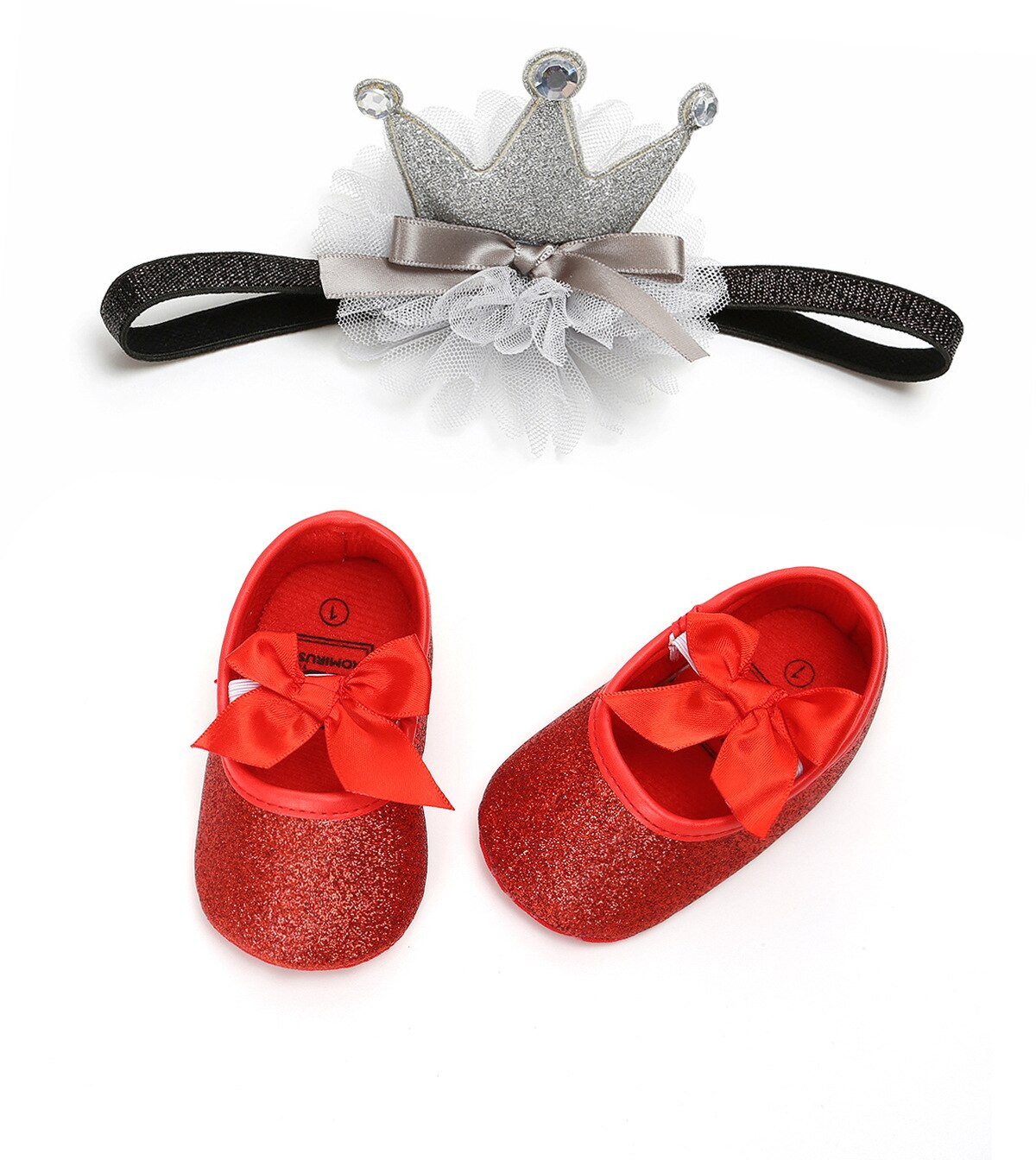 Baby flickor pu first walker skor mjuk sula halkfria skor paljett fast söta resårskor + kronhårband set 0-12m