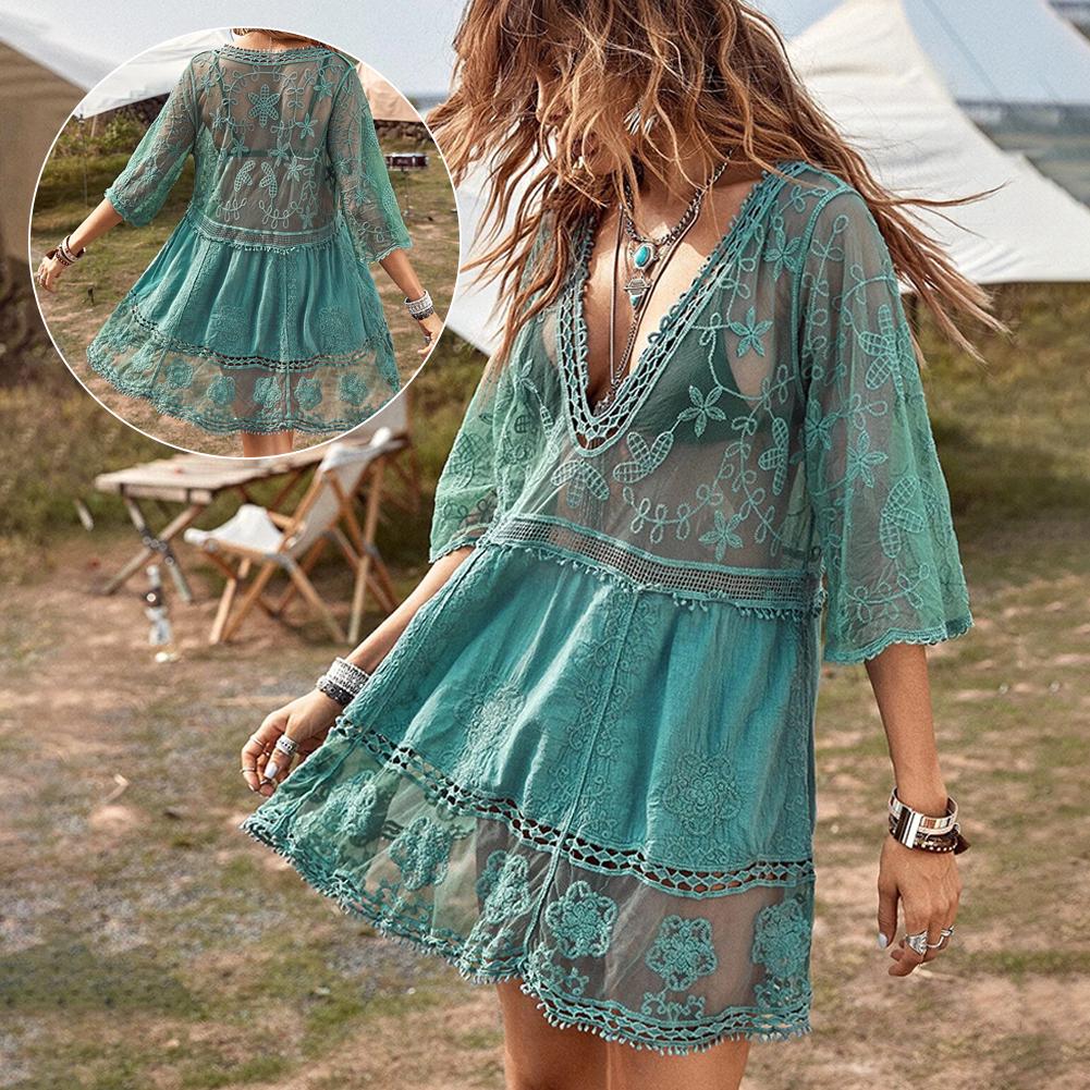 Sexy Women's Mesh Bikini Cover-up Deep V-neck Swimsuit Set Summer Beach Short Sleeve Dress Lace Hollow Out Clothes