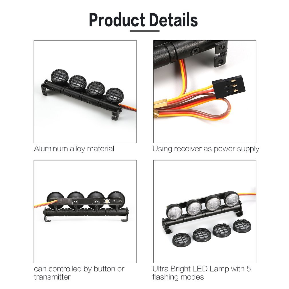 AX-506W Multi-function Ultra Bright Lamp LED Roof Light Bar with 4 Spotlights for 1/10 1/8 RC Car HSP TAMIYA CC01 Axial SCX10