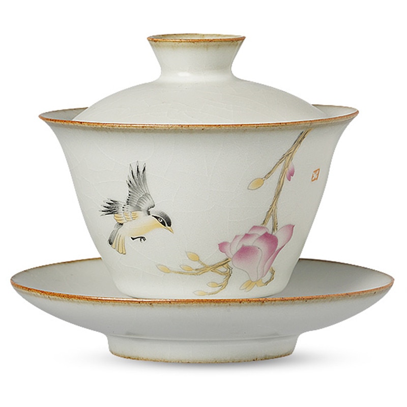 Pastoral keramik gaiwan fågelterrin kung fu teservis handgjord målning stor skål drinkware teskål
