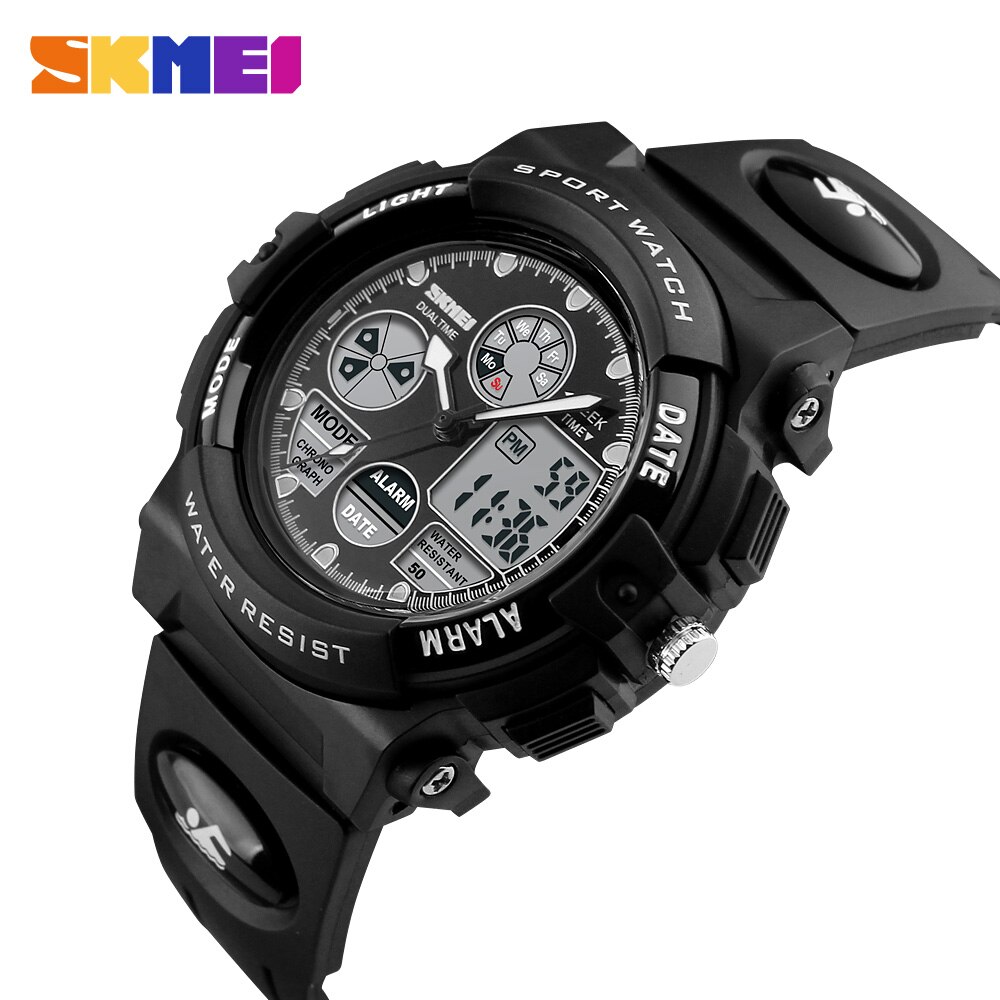 Skmei Dual Display Kinderen Horloge Led Digitale Horloge Pu Sport Shockproof 50M Waterdicht Alarm Sport Jongens Meisjes Kids klokken: Black