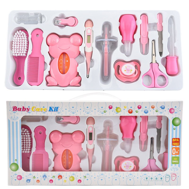 13Pcs/set Infant Health Care Set Baby Nursing Kids Safety Nail Clippers Scissors Thermometer Kit Hairbrush Newborn Care CL5822: Pink-13Pcs