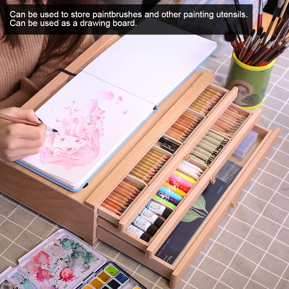 Wooden Painting Box Beech 3-Layer Portable Large Capacity Drawer Paint Storage Tool Paint Storage Box