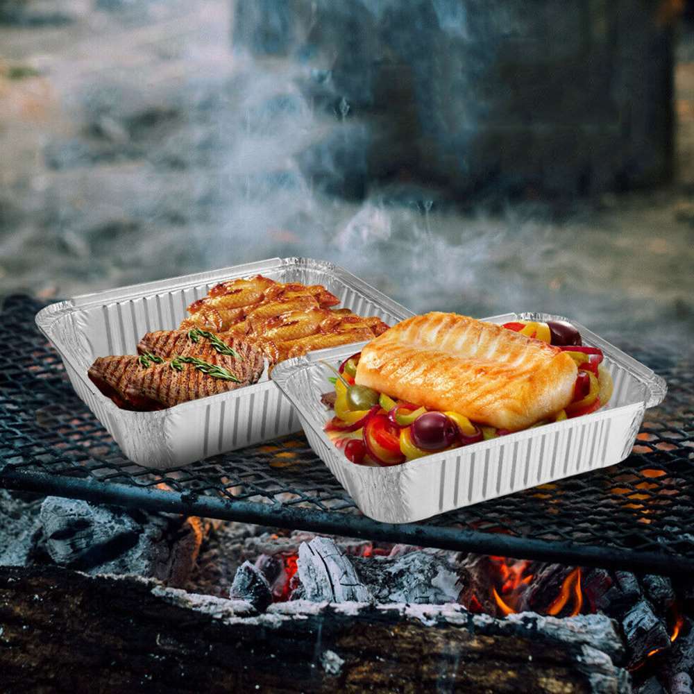 50 st 630ml engångsgrill med droppformar bricka aluminiumfolie matlåda fettfångare kastruller med lock