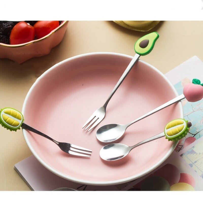 Fruit Shape Fruit Fork Spoon Silicone + Stainless Steel Fruit Fork Peach Durian Avocado Dessert Spoon