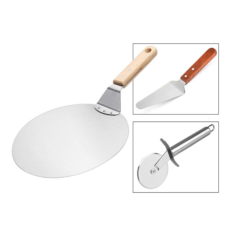 Pizza Tool Three-Piece Pizza Cutter, Pizza Crust, Pizza Shovel 3-In-1 Wooden Handle One-Stop Tool