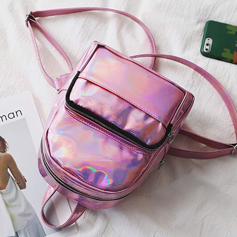 Holografisk läderryggsäck för tjejer rosa mini ryggsäck för kvinnor