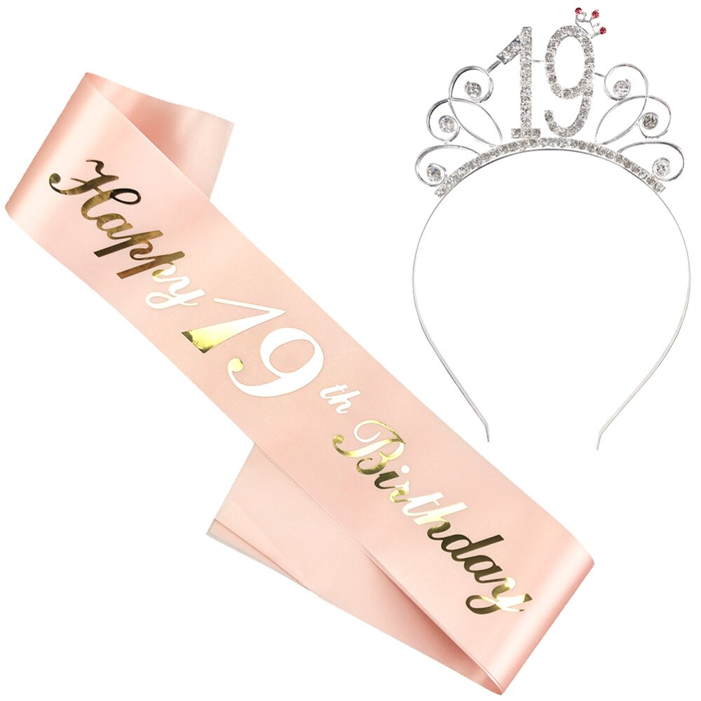 2 stuks verjaardagssjerp kroonset decoratie roségoud stempelen letterdruk etiquette riem feestbenodigdheden verkleedgunsten  (17 jaar: Roze gloden 19