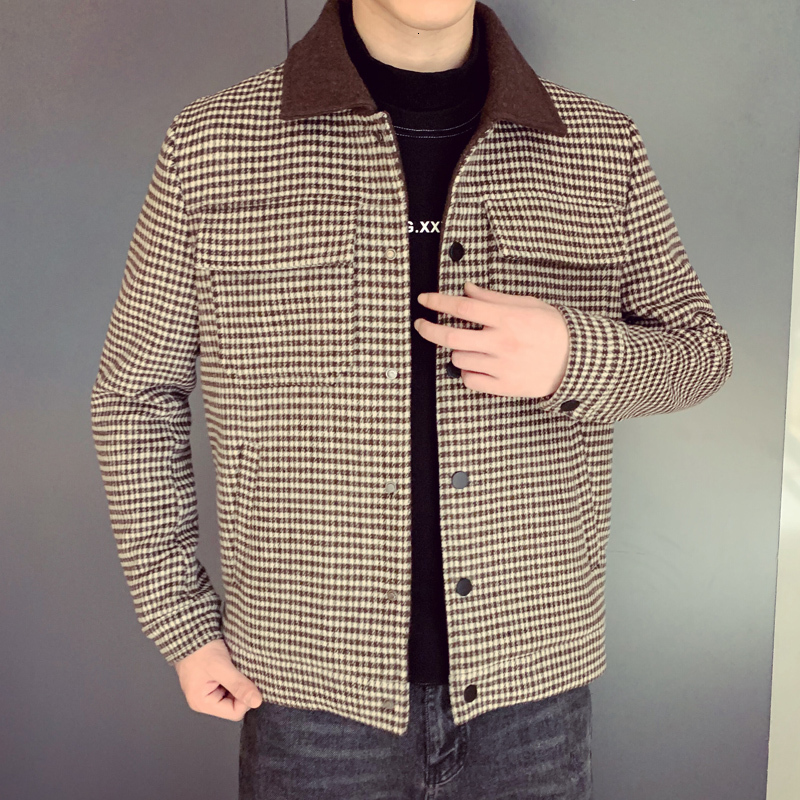 Efterår vinter frakke uld frakke grå kaffe plaid smart afslappet herre uld frakke england mellemlange frakker jakker slim fit mandlige