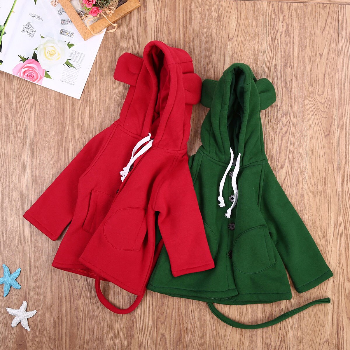 Focusnorm 1-6Y Baby Meisjes Winter Leuke Outwears Lange Mouw Kapmantel Met Oren Solid Single Breasted Warm Blends