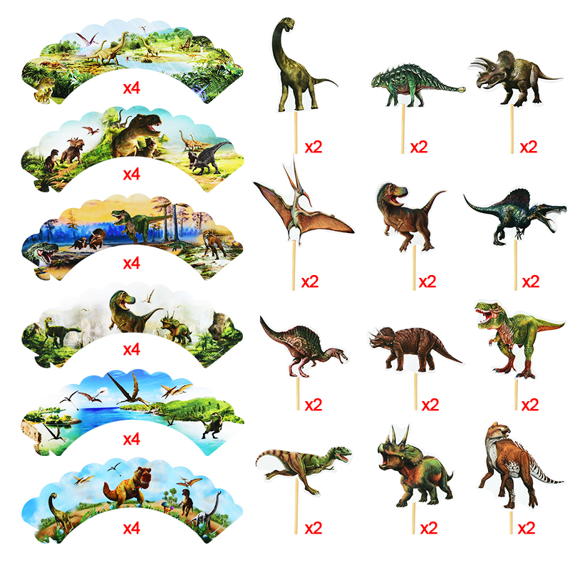24 Uds. Envoltorios para cupcakes de dinosaurios, adornos para pasteles, tema de dinosaurio para niños, animales de la selva, suministros de decoración para pasteles de de cumpleaños