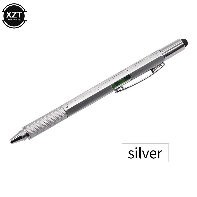 7 in 1 multifunktionel kuglepen med moderne håndholdt værktøj til måling af teknisk linealskruetrækker touch screen stylus: Sølv
