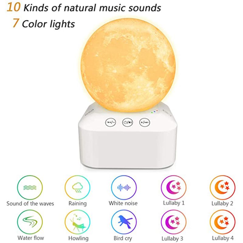 White Noise Sleep Sound Machine Dimmable 7 Color Changing Moon Night Light Sleep