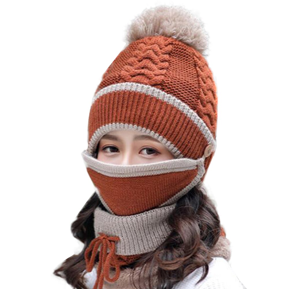3 pièces femmes hiver écharpe ensemble épais tricoté chapeau écharpe couverture de visage en plein air WHShopping: Brown