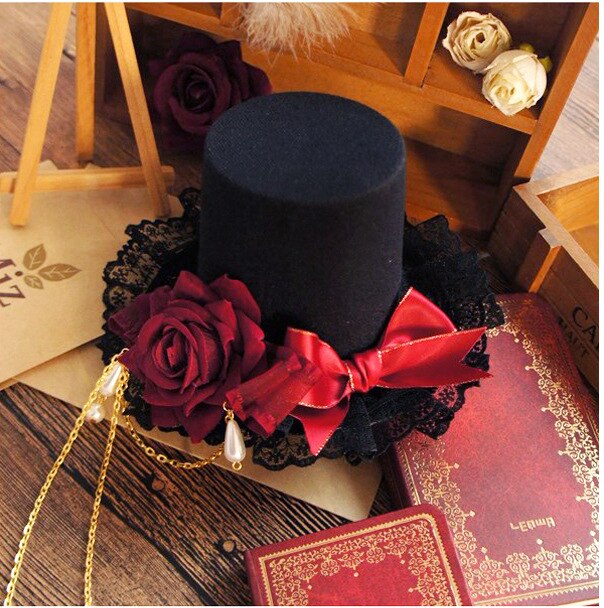 Gothic LOLITA top hat tassel rose cross top hat hairpin headband KC gothic hat hair accessories
