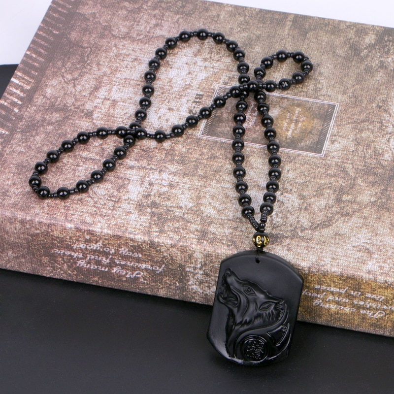 Javrick Black Obsidian Wolf Ketting Carving Wolf Hoofd Amulet Hanger Met Ketting Obsidiaan Blessing Lucky Hangers Sieraden