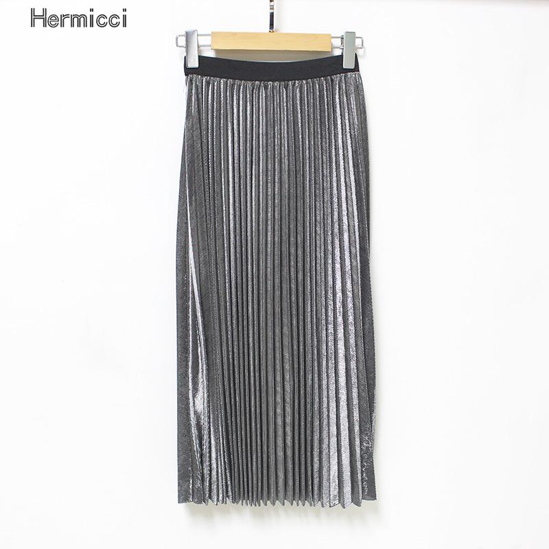 Filles plissé métal brillant argent jupe femmes décontracté Vintage mi-long a-ligne métallique daim jupes femme automne/hiver jupes