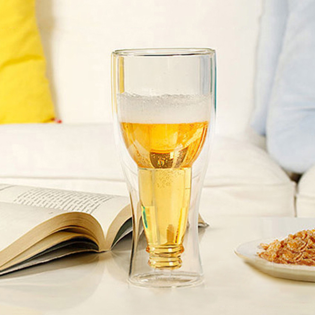 Glas dubbelväggigt ölglas hopside longneck upp och ner inverterat dricka transparent vinglas kopp  #r25