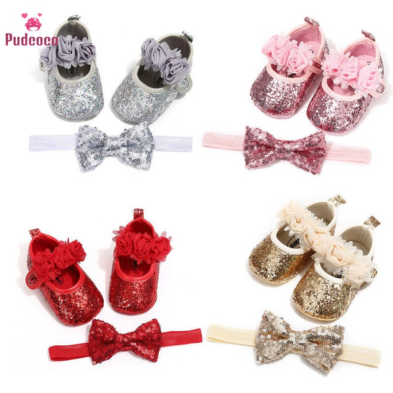 Pudcoco bowknot paljetter barn bebis flicka fest första rullatorer + hårband spädbarn mjuk sula spjälsäng skor 0-18m flicka födelsedag