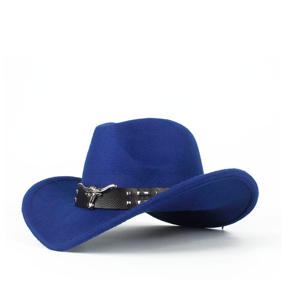 Kvinder mænd hule vestlige cowboy hat med tauren bælte vinter efterår jazz outback jazz toca sombrero cap størrelse 56-58cm: Blå