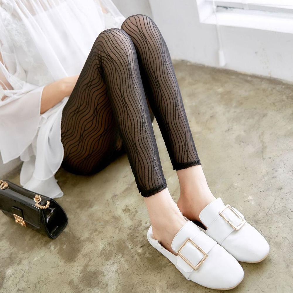 dame sommer blond leggings svart grå stripet pustende strukket bukser uformelt tynn stil tynn leggings: Svart / S