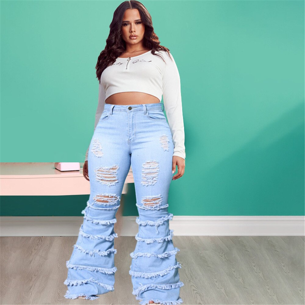 Plus Size Jeans Women Denim Pants Ripped High Waist Bottom Tassel Boyfriend Streetwear Birthday Outfits: sky blue / 5XL