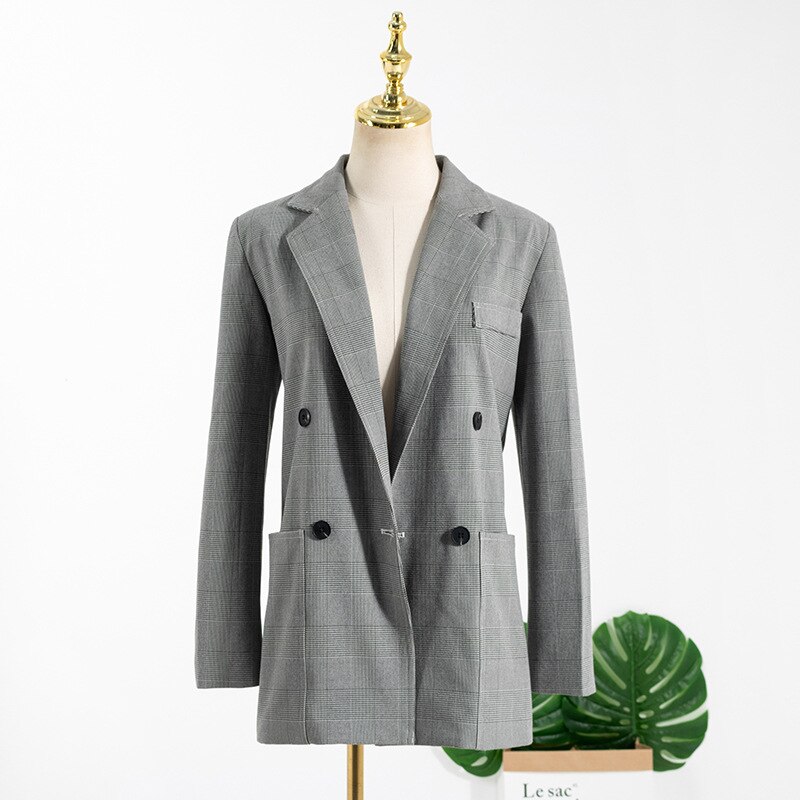 Moderigtigt kontorarbejder grå plaid dragt frakke koreansk stil dragt frakke: M
