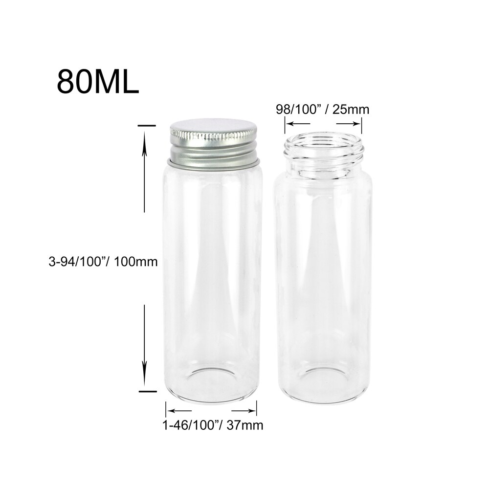 6Pc 25Ml 30Ml 40Ml 50Ml 60Ml 70Ml 80Ml 90Ml Mini Glas clear Fles Met Zilveren Schroef Aluminium Cap Voedsel Container Potten Flesjes: 80ml