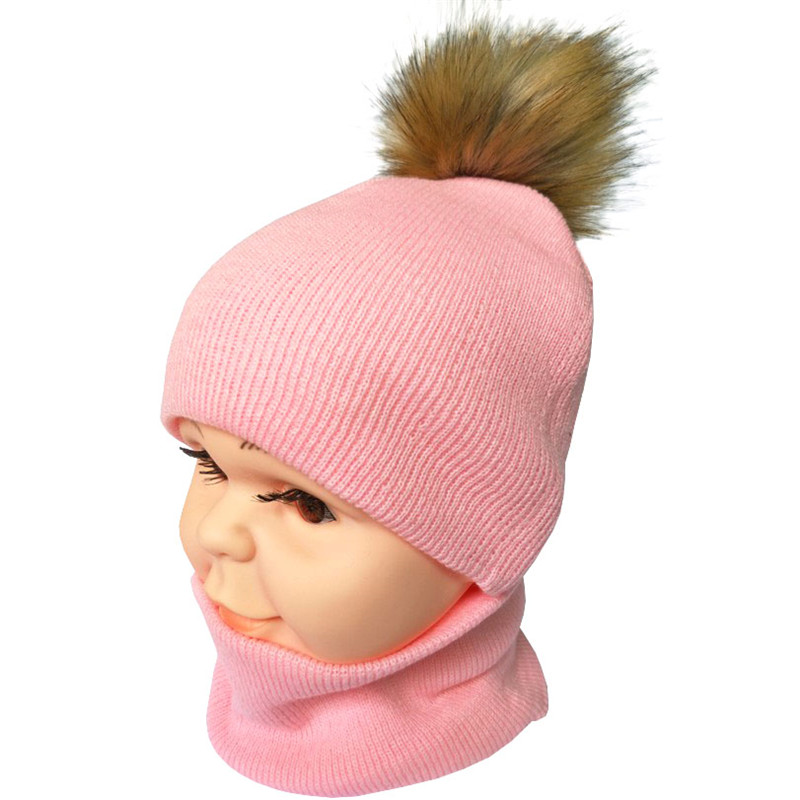 Efterår vinter børn tørklæde hat sæt drenge piger forår varm halstørklæde børn kasket sæt pompon bolde baby hat tørklæde: Pink sæt med en bold