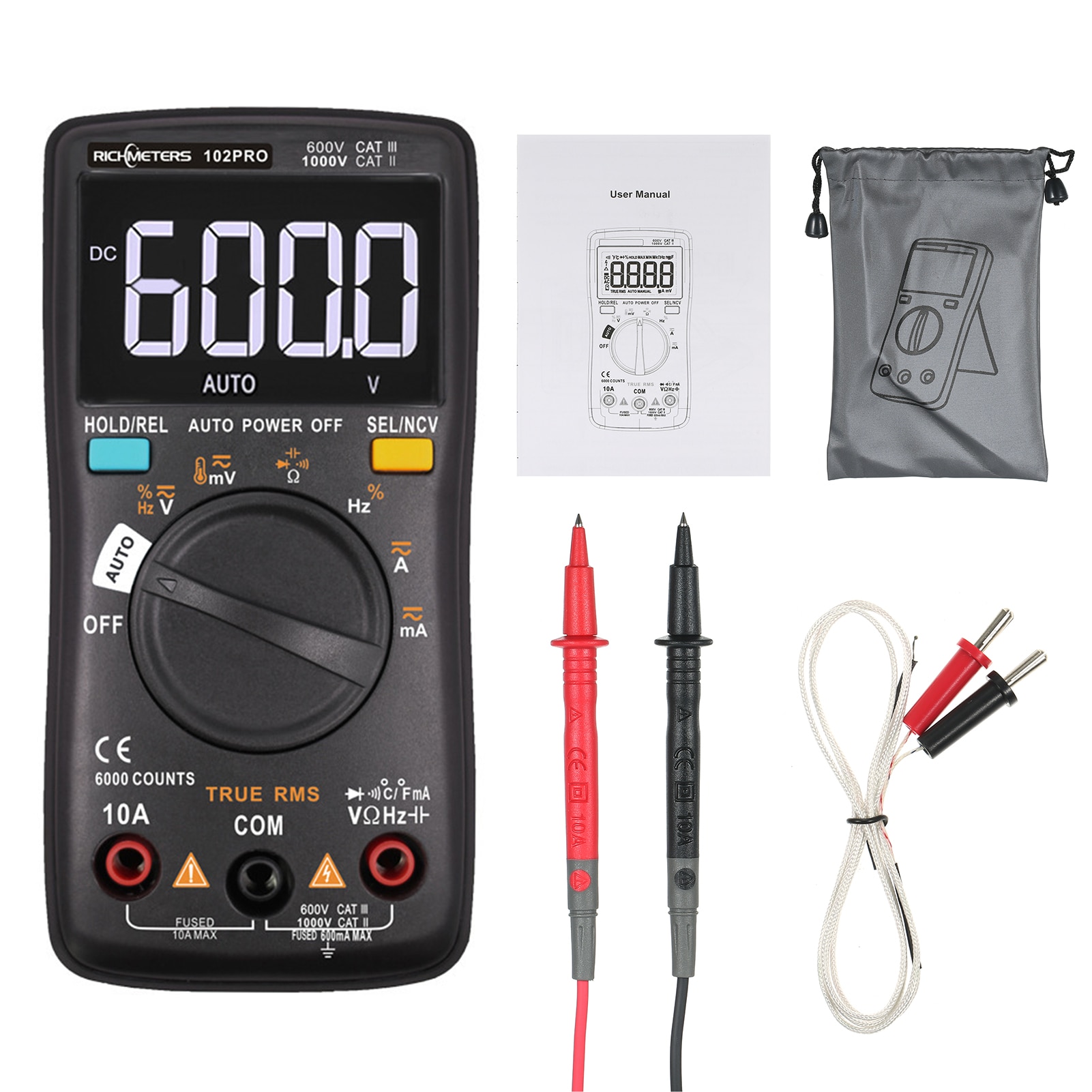 RM102Pro Auto Multimeter 6000 Telt Back Light Ac/Dc Ampèremeter Voltmeter Diode Weerstand Capacitancetemperature Tester