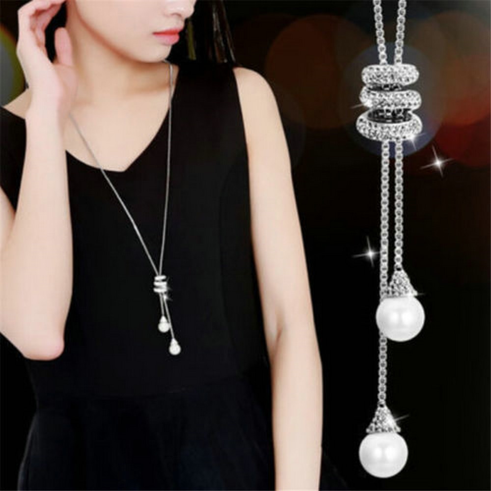 Metal sølv lang kvast rhinestone krystal perle lang kæde halskæde sweater patry halskæde smykker