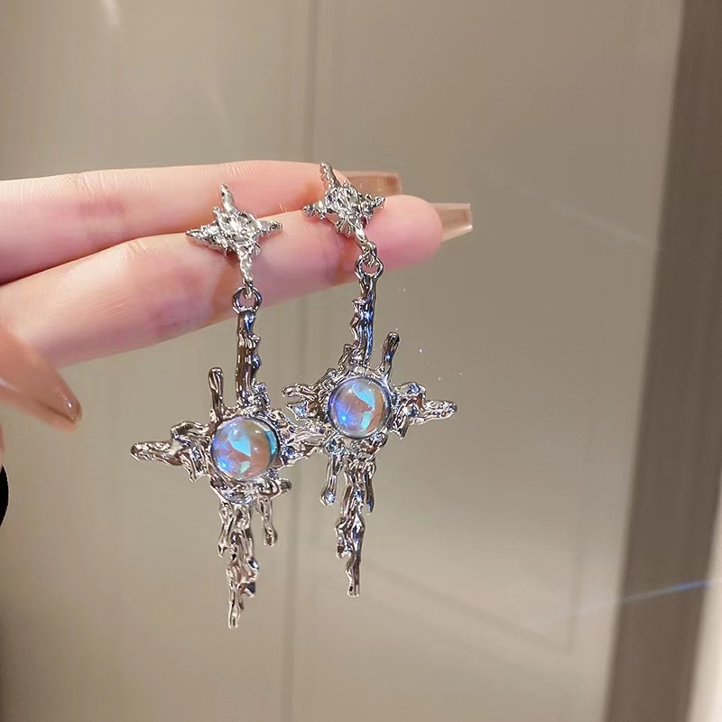 Boucles d'oreilles pendantes en pierre de lune pour femmes et filles, bijoux irréguliers en métal liquide, croix et cristaux, tendance 2023