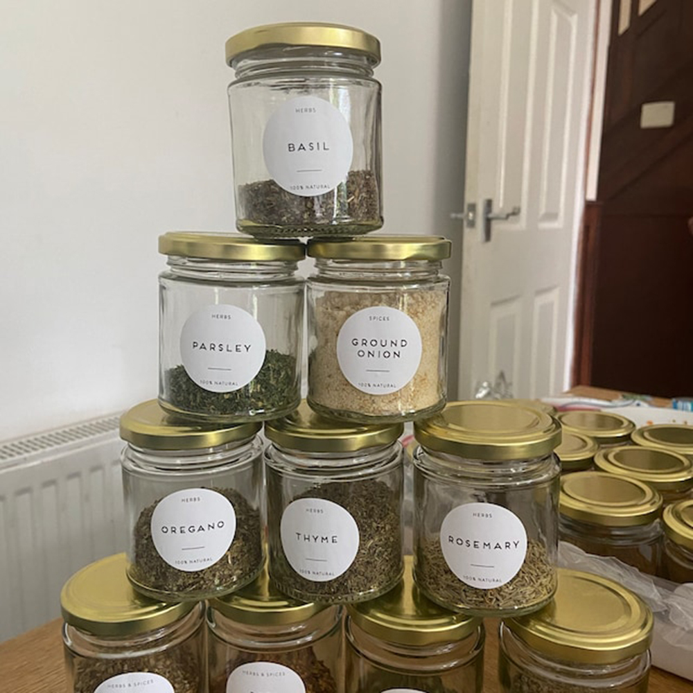 Round Pantry Labels Basic, Gluten Free, Herbs, Spices, Teas, Nuts, Oils &amp; Vinegars - Printed Waterproof Matt Vinyl - Custom Labe