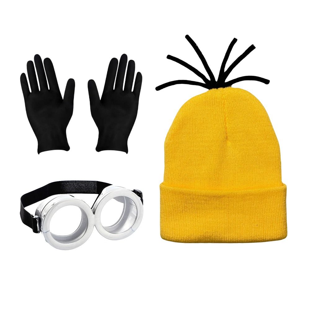 Accesorios de disfraz de Halloween para hombres y mujeres, conjunto de Minions para de Cosplay, gorros amarillos, vestido azul, guantes negros para adultos, 3 piezas/5 piezas