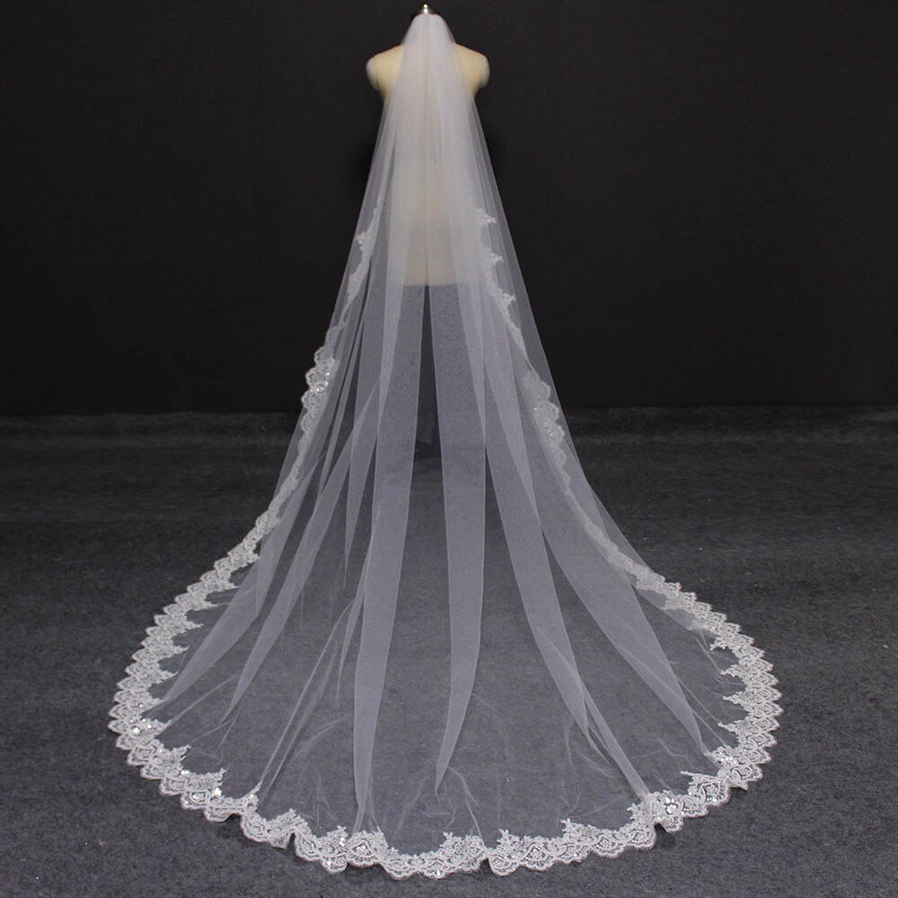 Velo de novia largo con borde de encaje parcial, lentejuelas y purpurina, 3 m unidades , con peine, color blanco marfil, 300cm velos de novia largos, accesorios de boda
