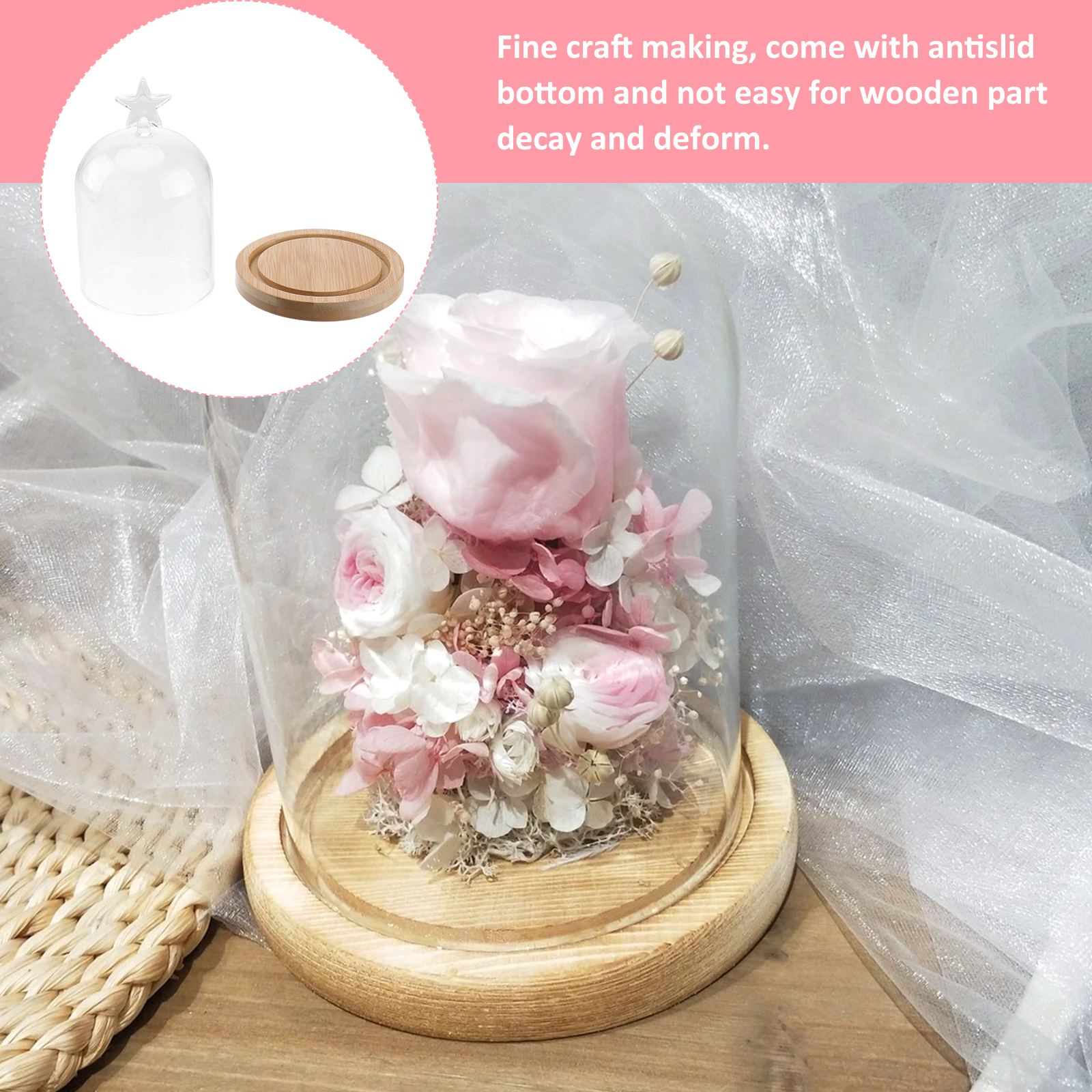 Dried Flower Display Glass Cover Preserved Flower Glass Cover DIY Transparent Glass Cover Loving Heart Glass Dome with Wood Base
