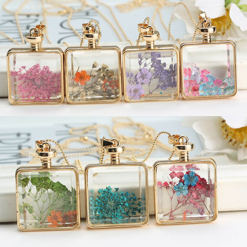Verklaring Collier Voor Vrouwen Originele Glas Diy Natuurlijke Gedroogde Bloemen Kettingen Vierkante Hanger Ketting Mode