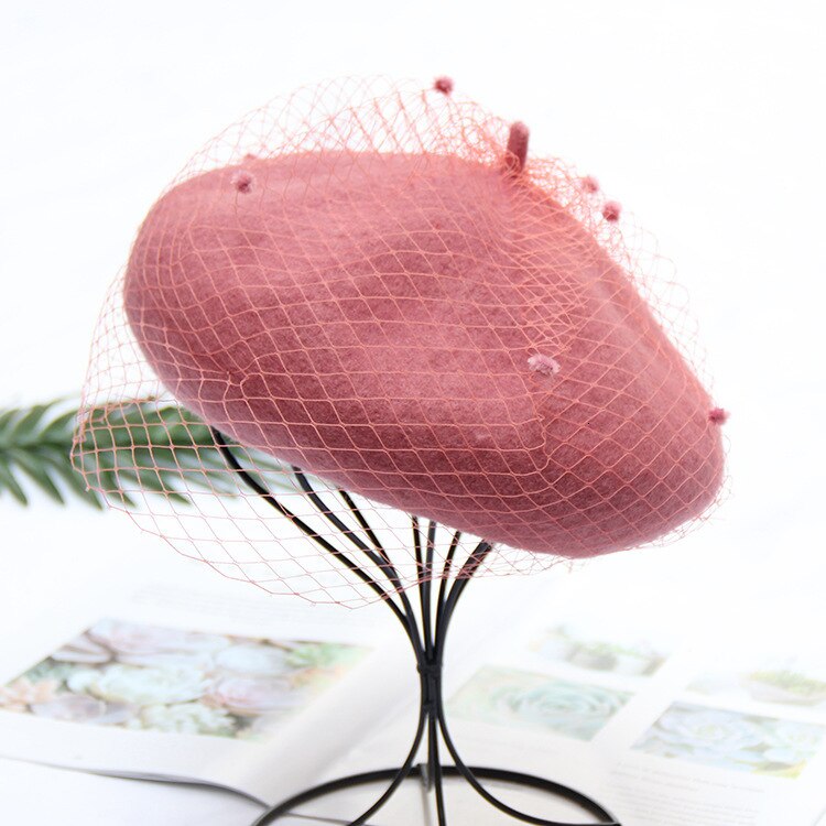 Boina de malla para mujer, gorro de pintor Camel, gorros Vintage con velo, gorro de invierno suave para artista francés, boina: pink