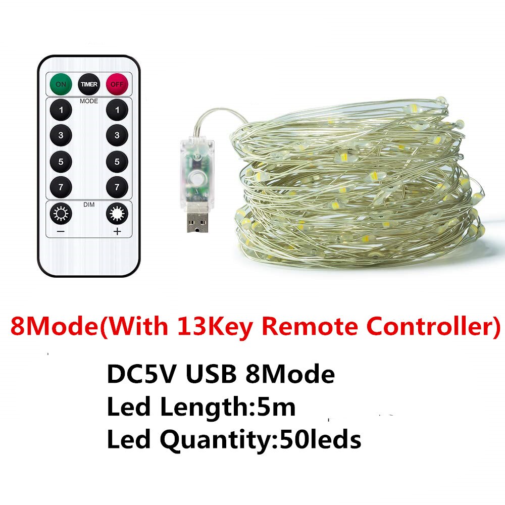 Led fejulljus 2m 5m 10m varmvit kransslinga ljus bröllopsfest utomhus 3aa batteri usb 8 lägeslampa: Usb 8 läge 5m / Varm vit