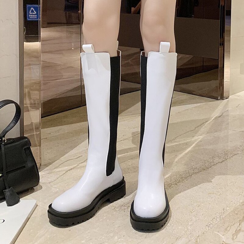 Rimocy Pu Leather Platform Knie Hoge Laarzen Vrouwen Zwart Chunky Lange Chelsea Laarzen Vrouw Slip Op Herfst Bota Feminina